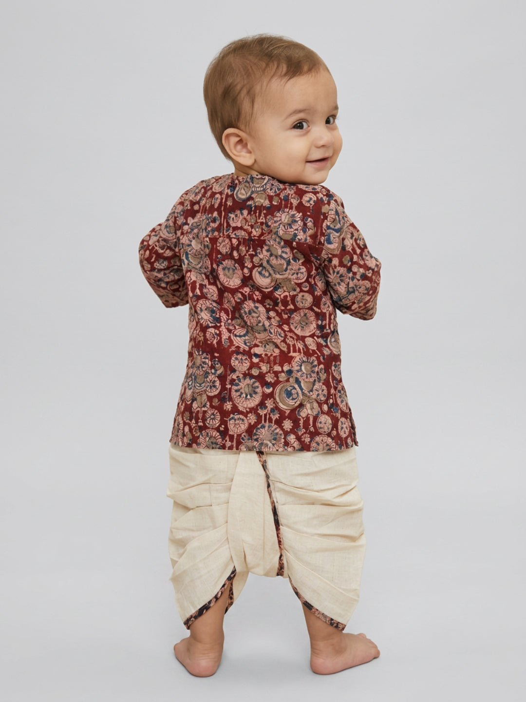 Biglilpeople Boys Maroon Floral Printed Cotton Angrakha Style Dhoti Set