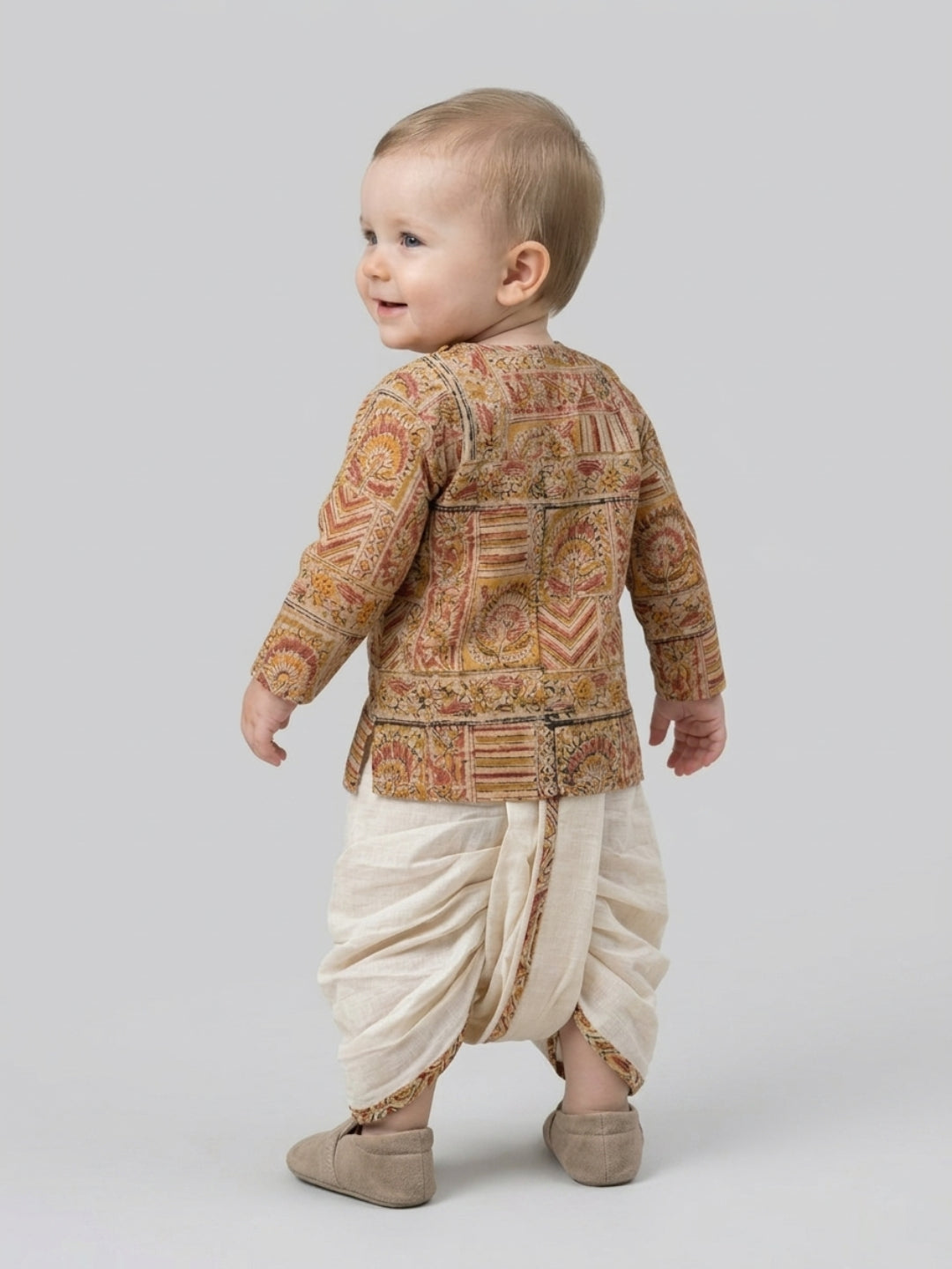 Biglilpeople Boys Beige Ethnic Printed Printed Cotton Angrakha Style Dhoti Set