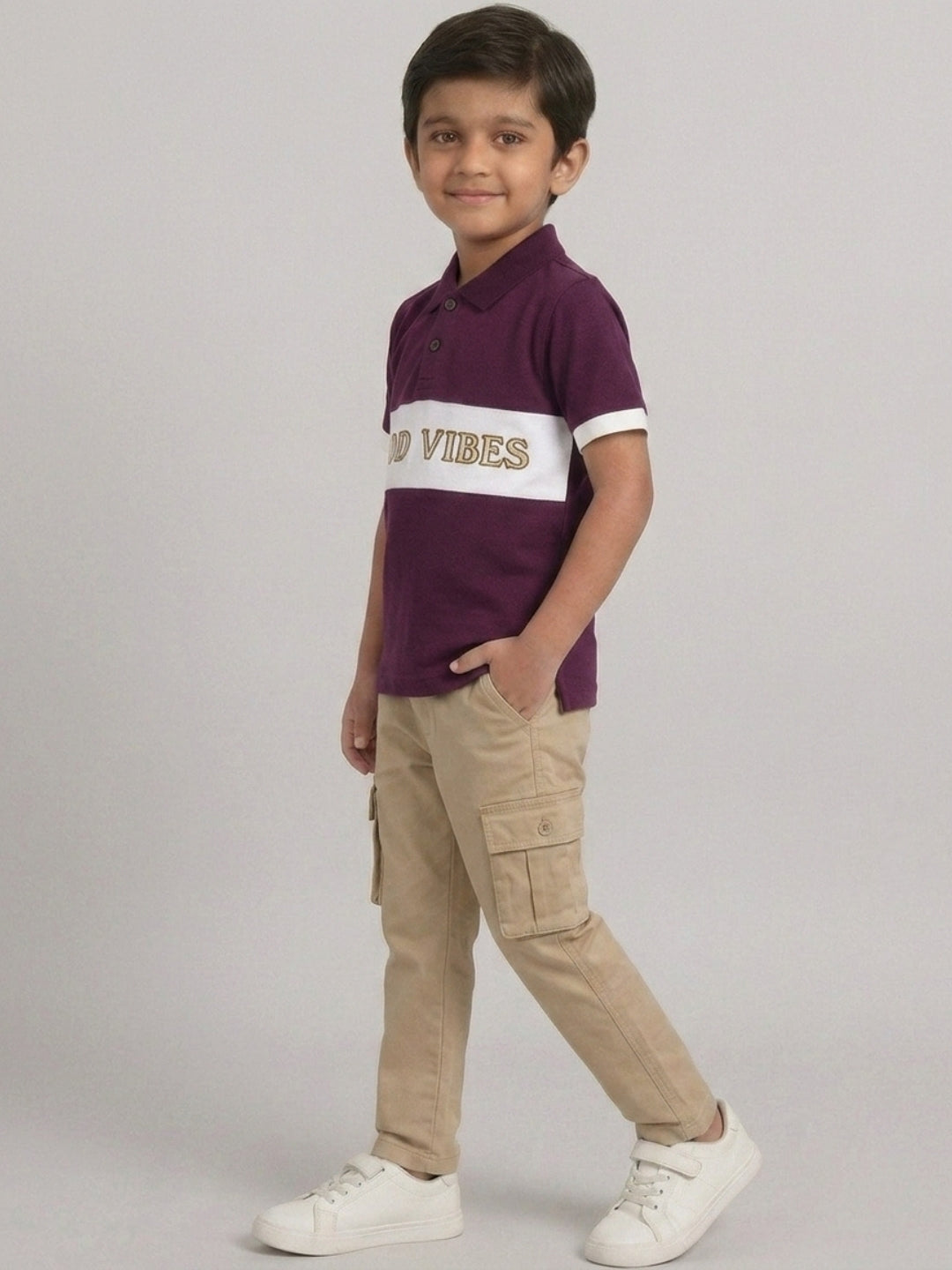 Boys Pure Cotton Purple & Off White Color Pique Polo T Shirt with Good Vibes design Print