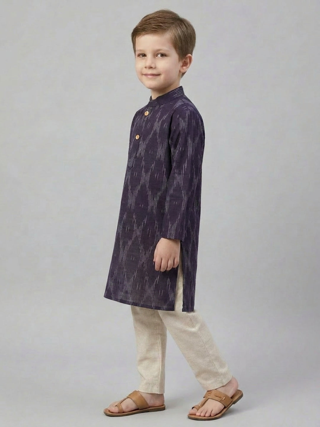 Biglilpeople Boys Navy Blue Printed Mandarin Collar Cotton Kurta Set