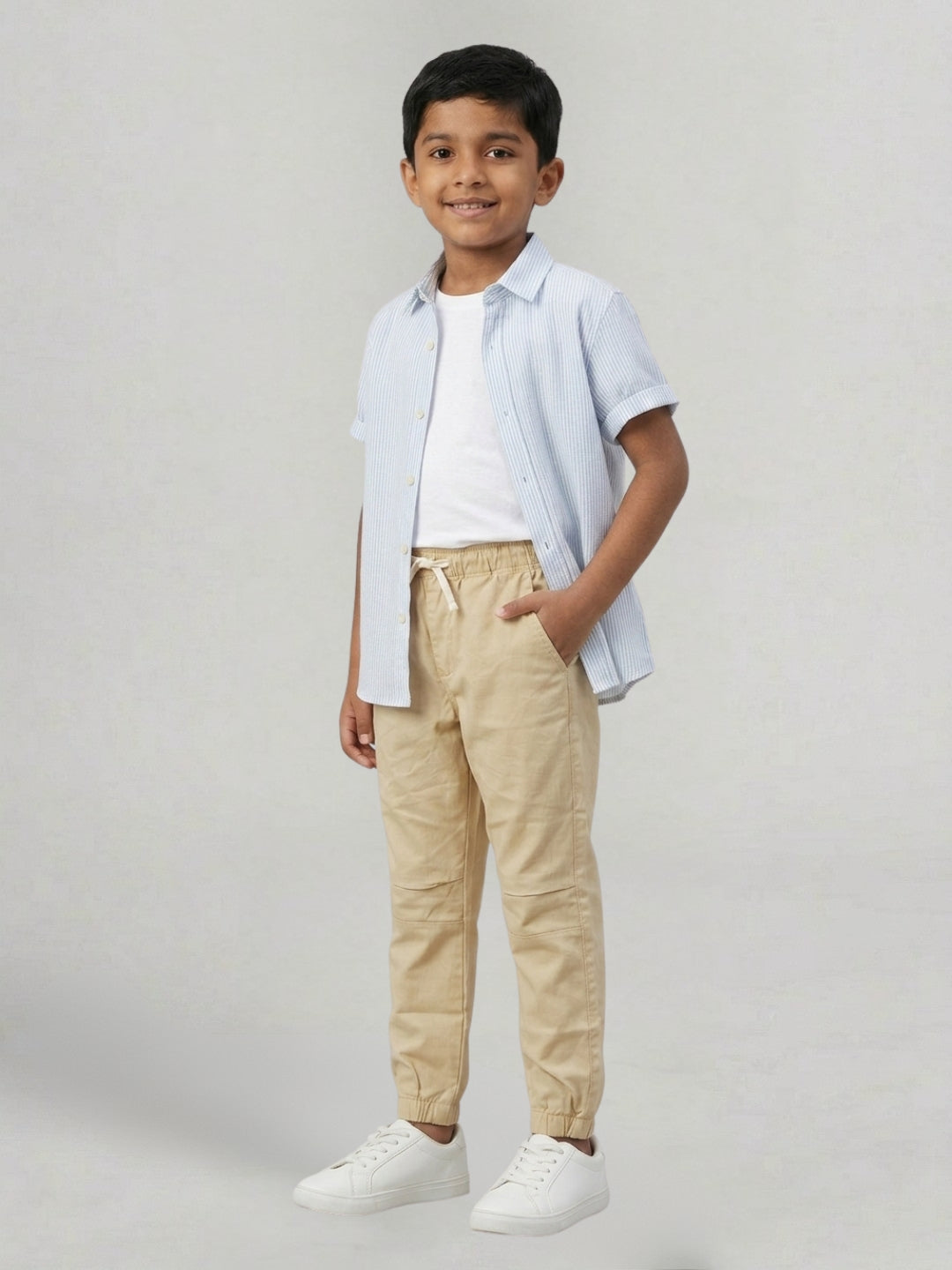 Boys Beige Color Cotton Woven Joggers