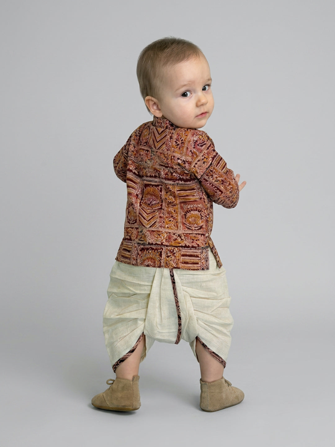 Biglilpeople Boys Rust Brown Ethnic Printed Cotton Angrakha Style Dhoti Set