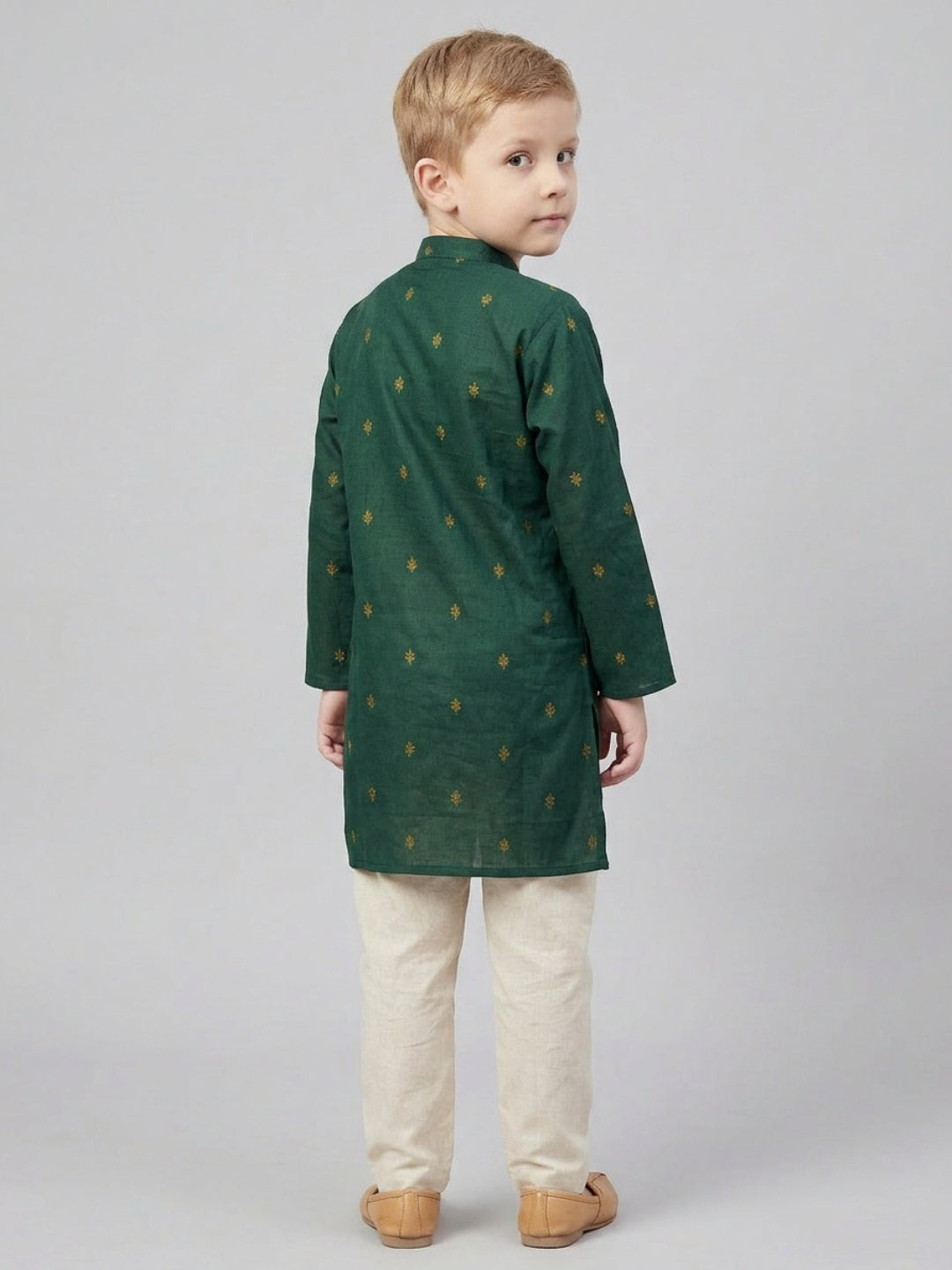Biglilpeople Boys Green Printed Mandarin Collar Cotton Kurta Set