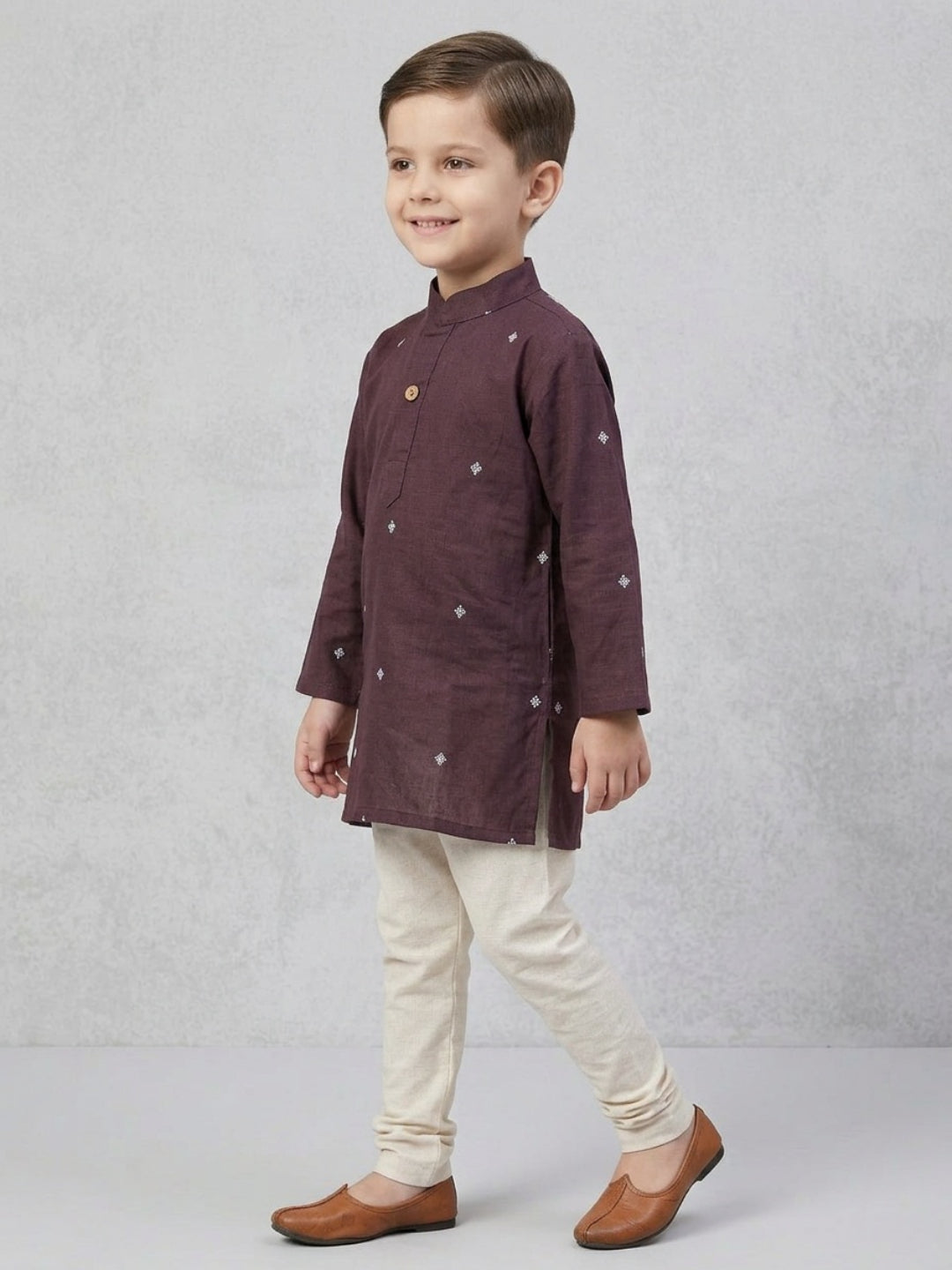 Biglilpeople Boys Maroon Embroidered Mandarin Collar Cotton Kurta Set