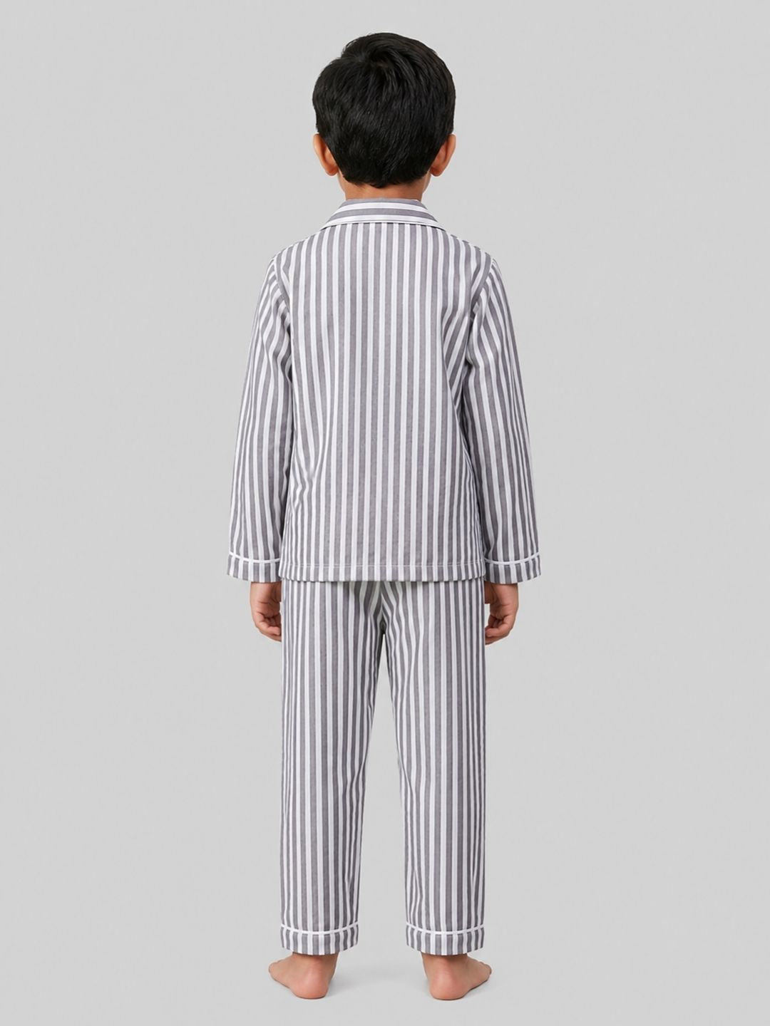 Biglilpeople Kids Unisex Grey Striped Full Short Sleeve Shirt & Pajama Nightsuit
