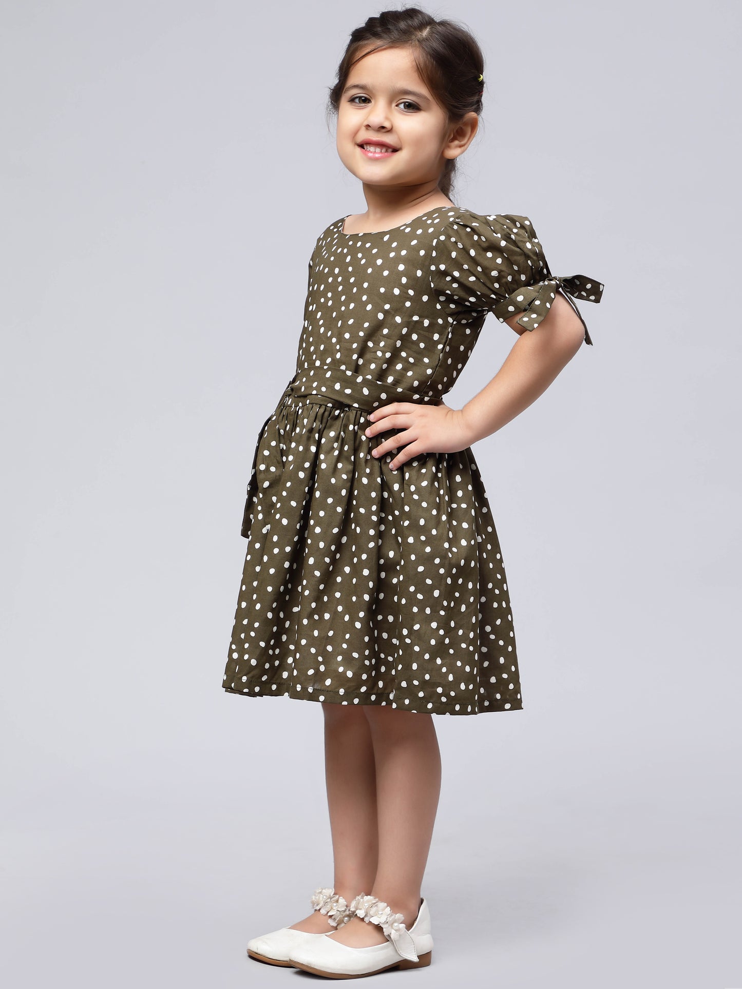 Olive Polka Dotted Dress for Girls