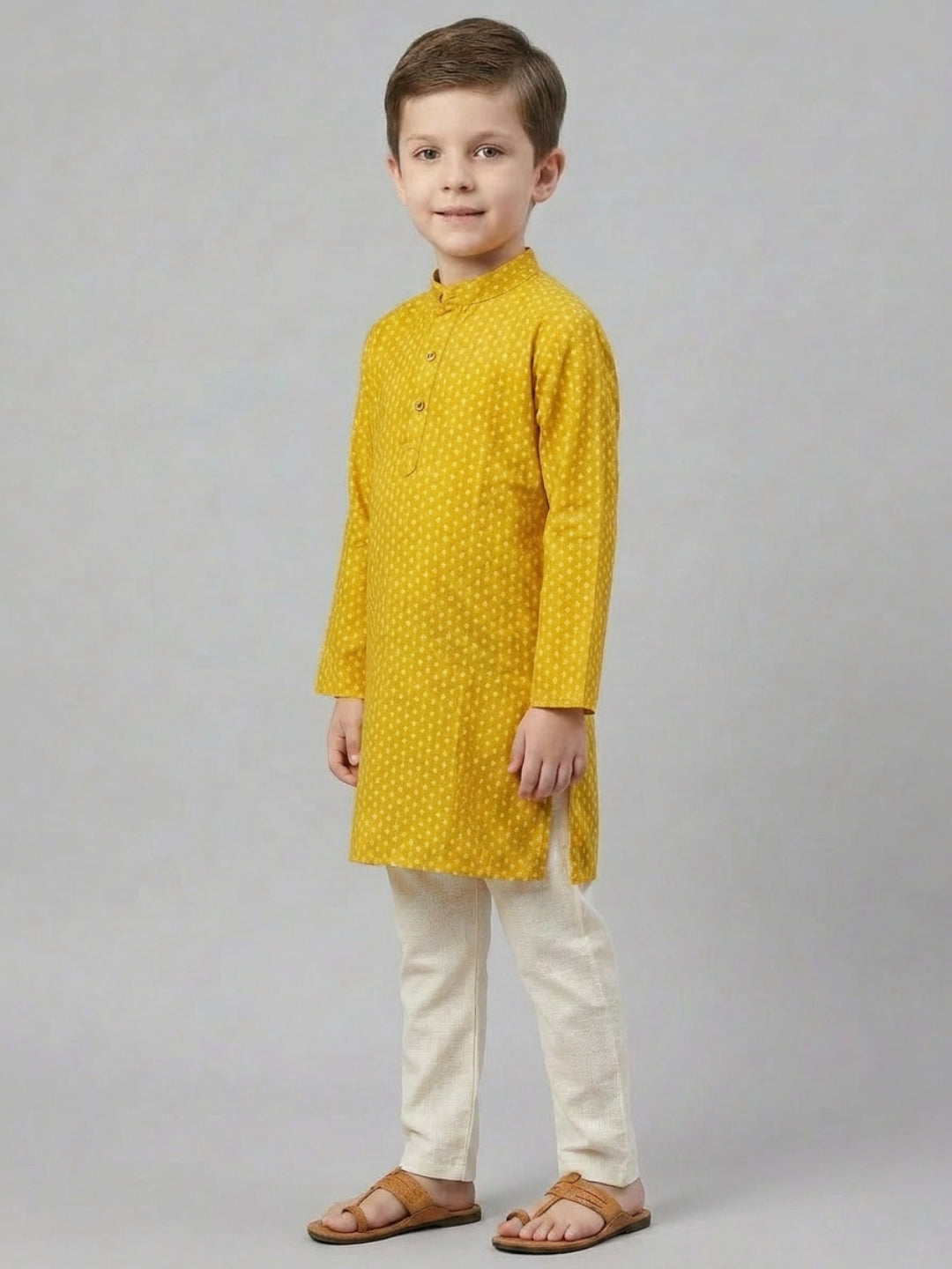 Biglilpeople Boys Mustard Yellow Printed Mandarin Collar Cotton Kurta Set