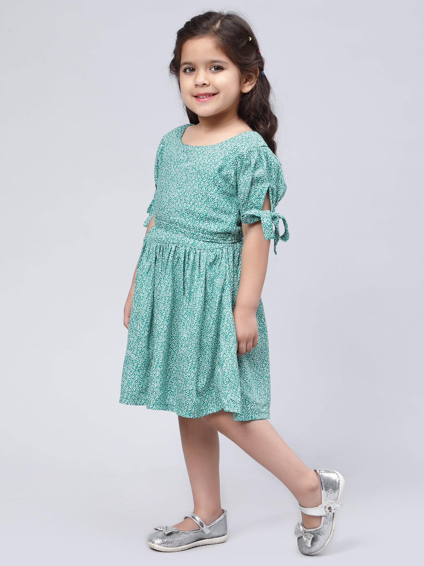 Green & White Printed Dress for Girls