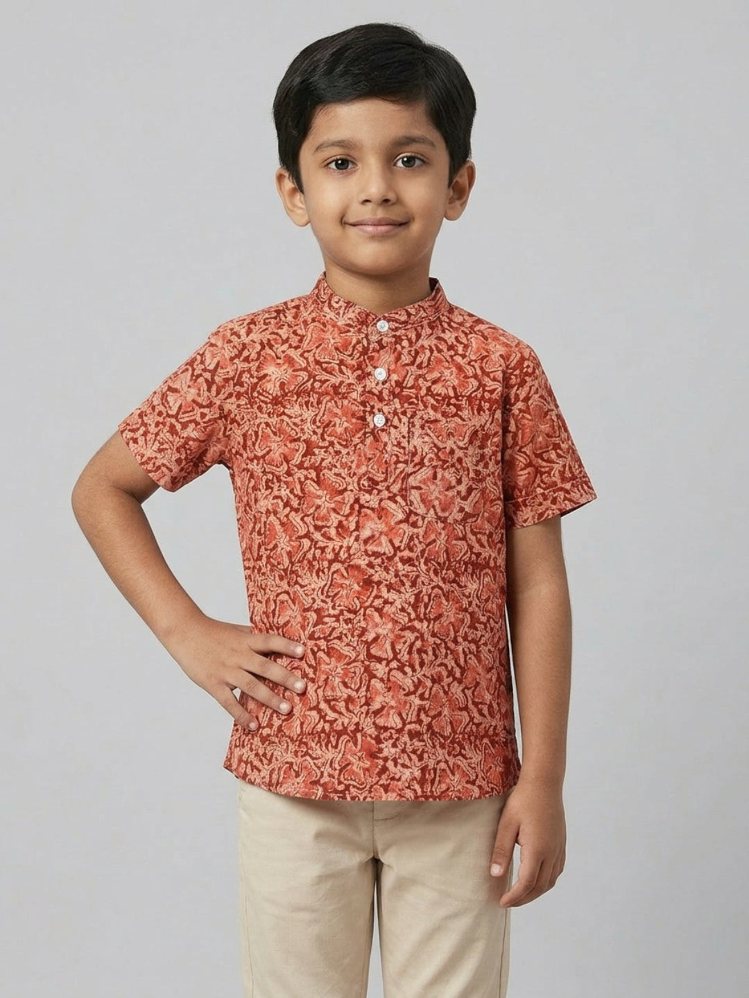 Biglilpeople Boys Ethnic Print Mandarin Collar Short Sleeves Shirt