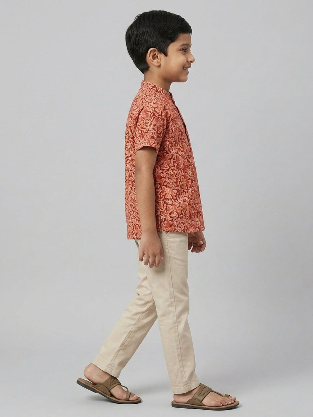 Biglilpeople Boys Ethnic Print Mandarin Collar Short Sleeves Shirt
