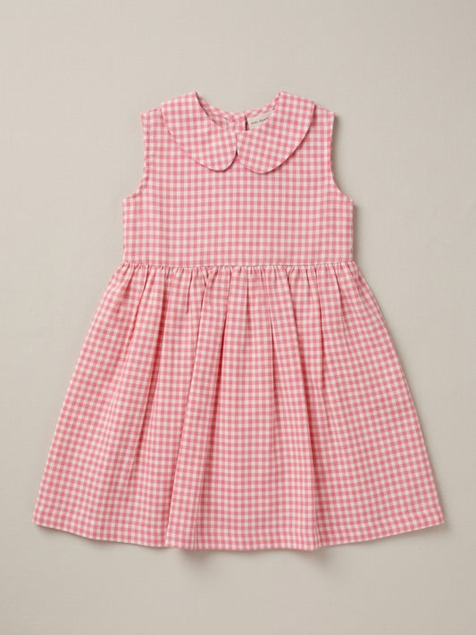 Girls Off White & Pink checked Knee Length Peter Pan Collar Dress
