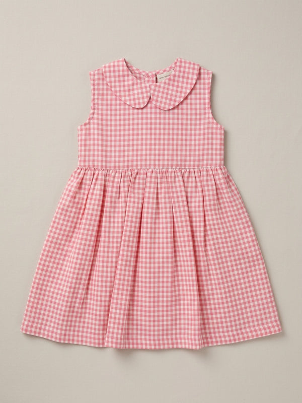 Girls Off White & Pink checked Knee Length Peter Pan Collar Dress