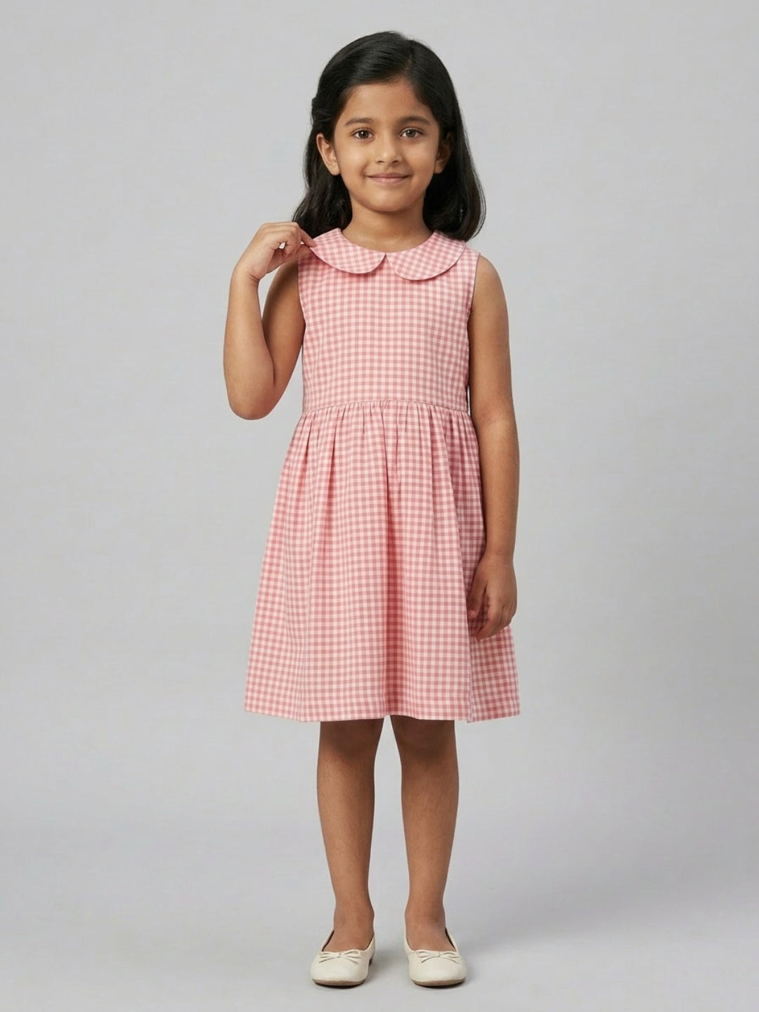 Girls Off White & Pink checked Knee Length Peter Pan Collar Dress
