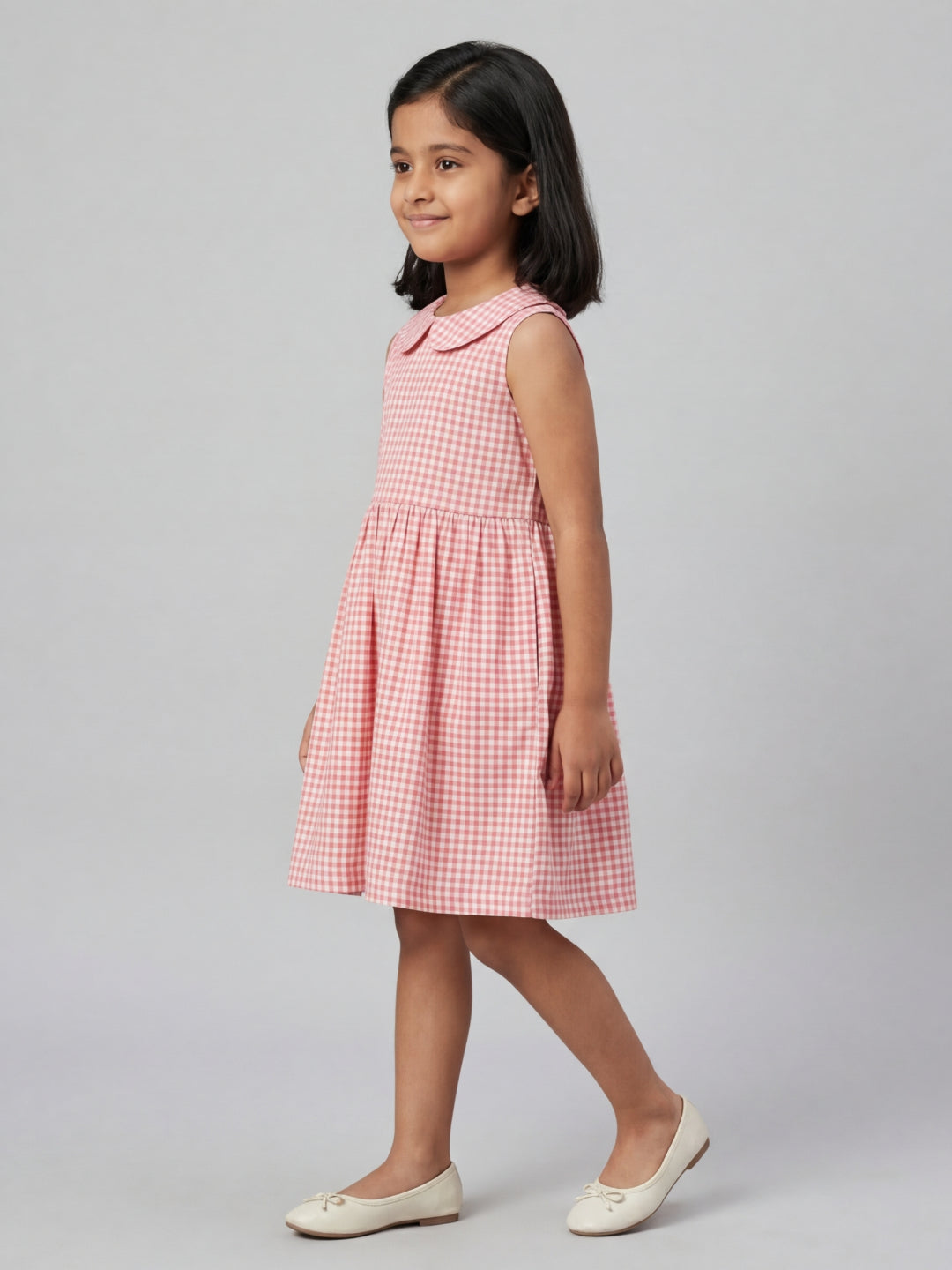 Girls Off White & Pink checked Knee Length Peter Pan Collar Dress