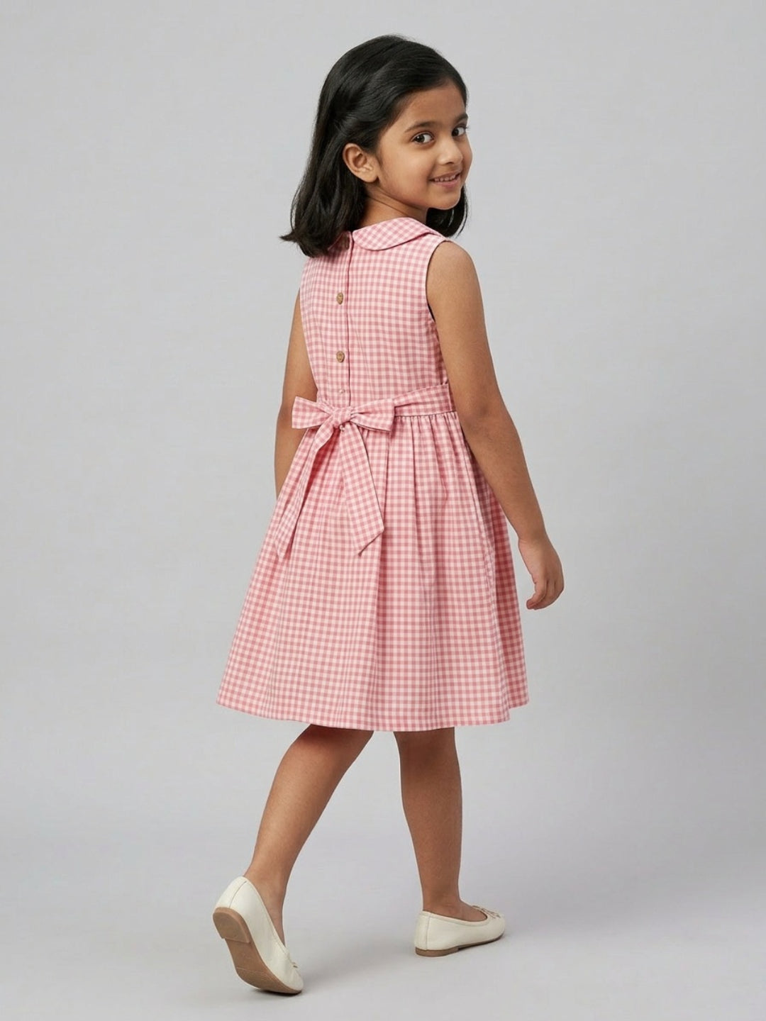 Girls Off White & Pink checked Knee Length Peter Pan Collar Dress