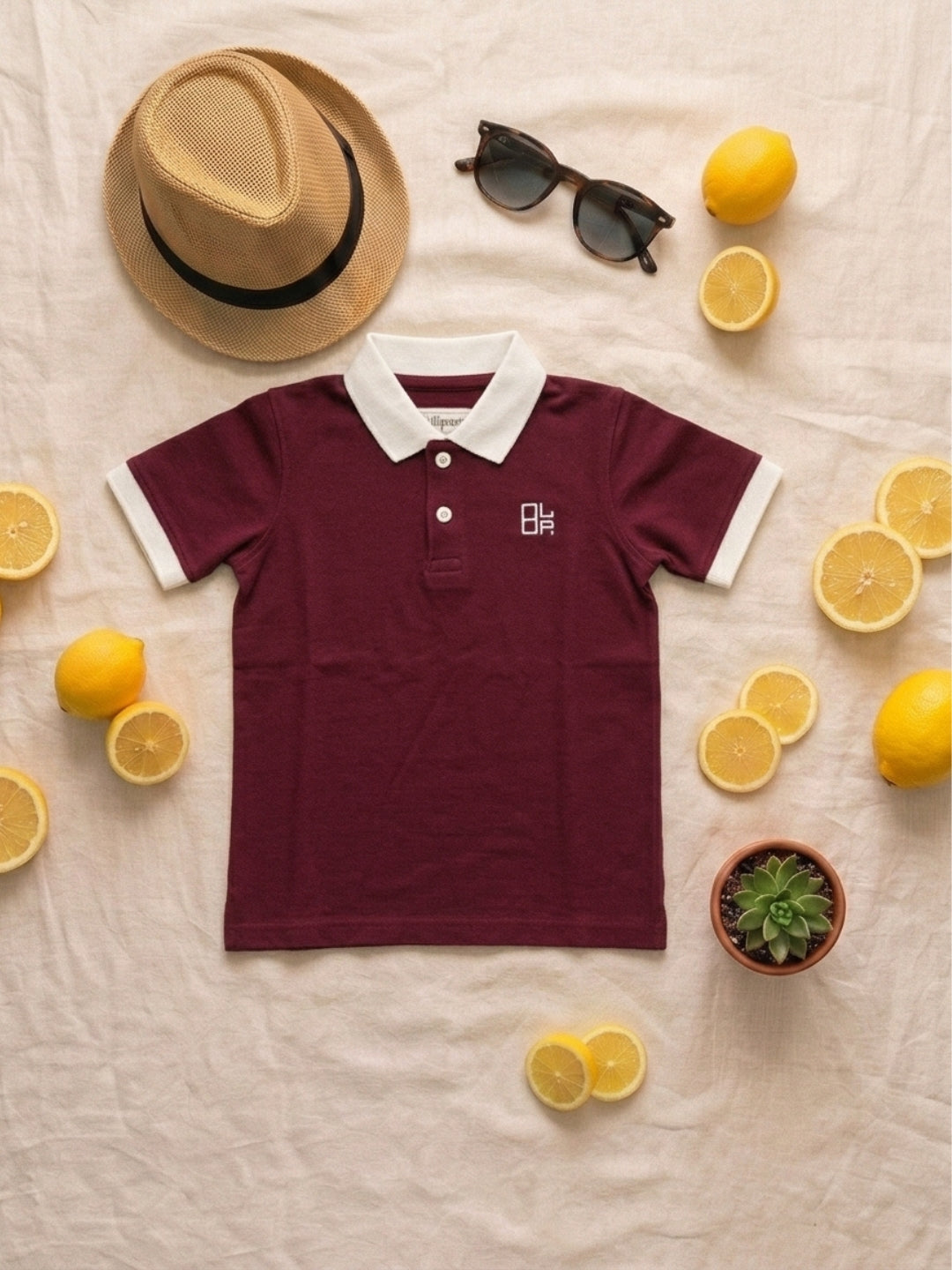 Boys Pure Cotton Maroon Color Pique Polo T Shirt with Off White Collar