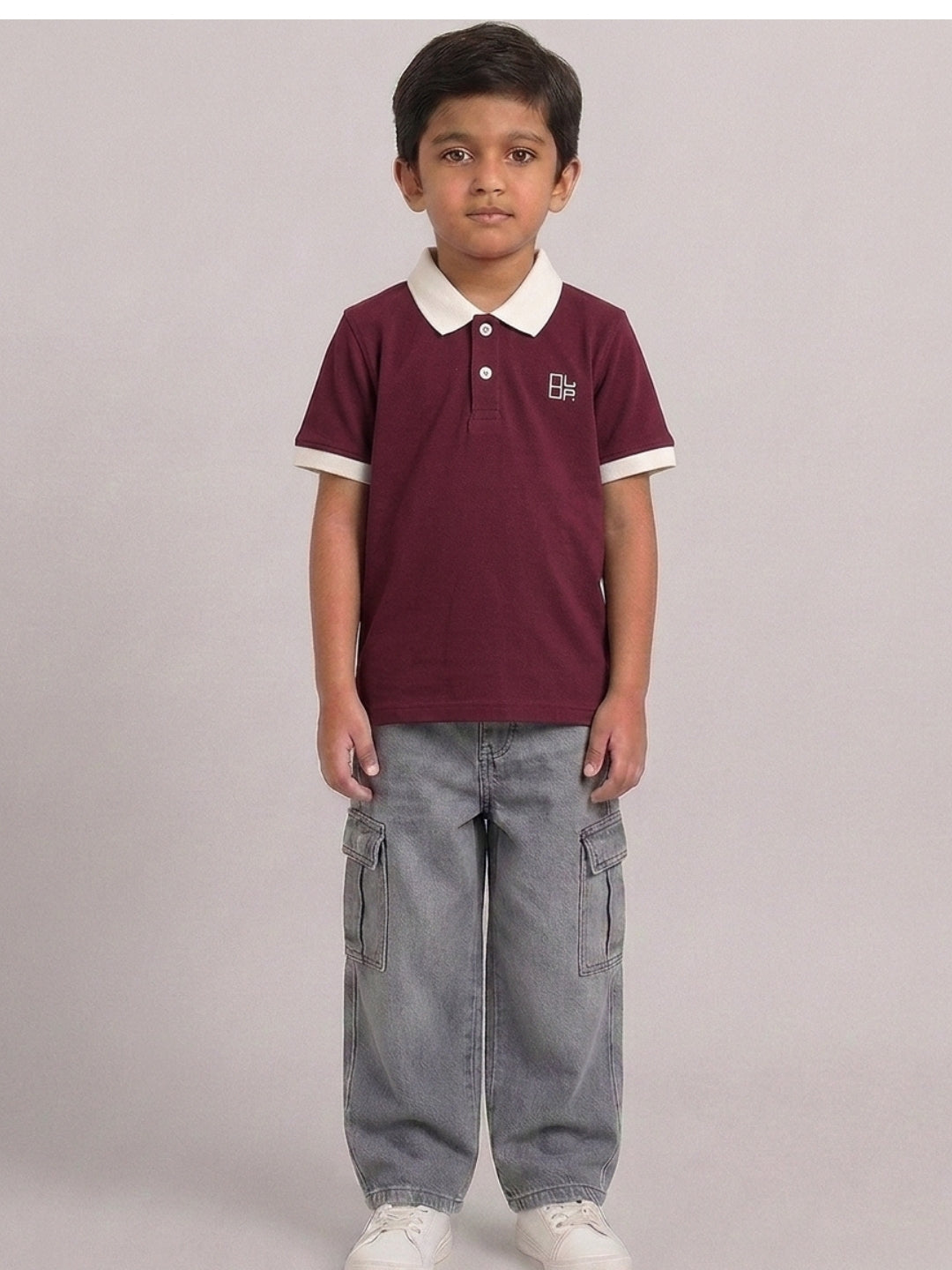 Boys Pure Cotton Maroon Color Pique Polo T Shirt with Off White Collar