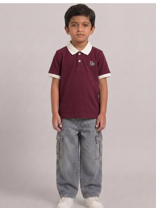 Boys Pure Cotton Maroon Color Pique Polo T Shirt with Off White Collar