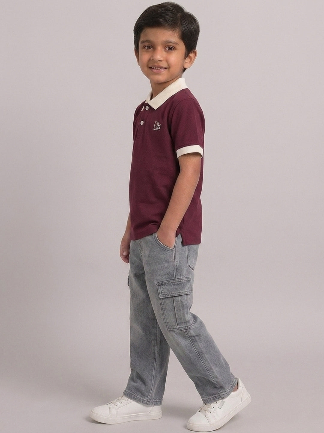 Boys Pure Cotton Maroon Color Pique Polo T Shirt with Off White Collar