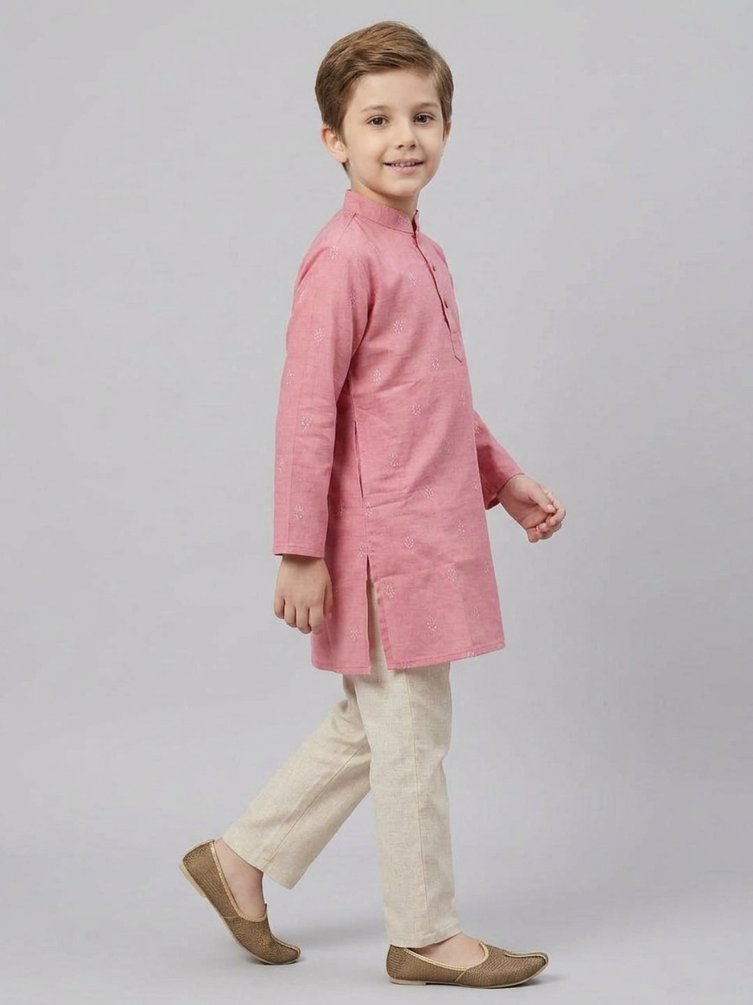 Biglilpeople Boys Pink Cotton Kurta Set with Buta Motif