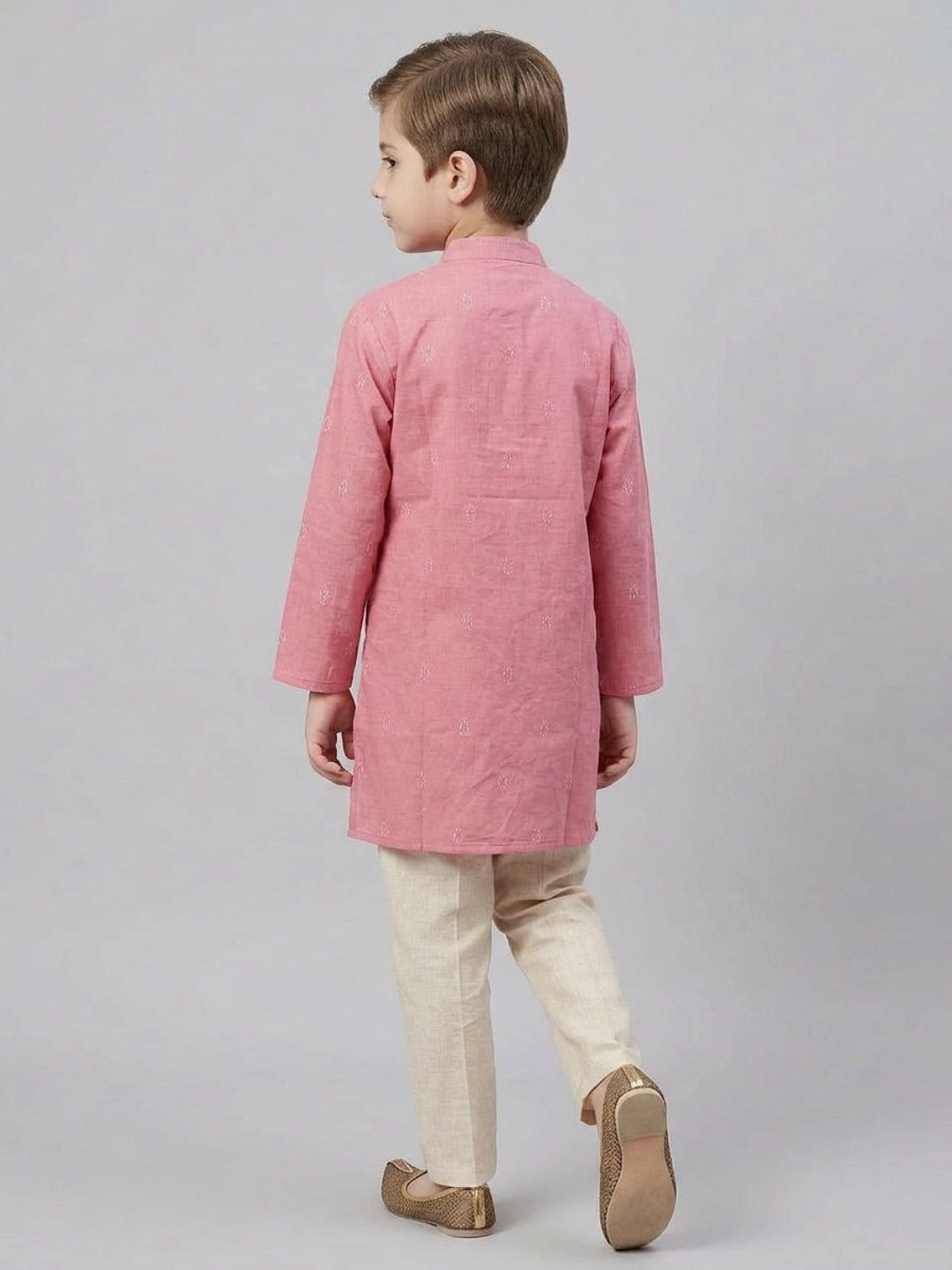 Biglilpeople Boys Pink Cotton Kurta Set with Buta Motif