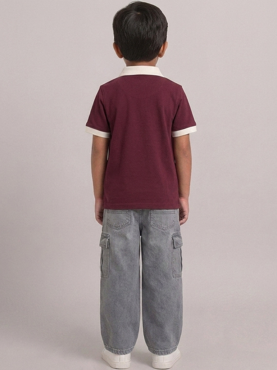 Boys Pure Cotton Maroon Color Pique Polo T Shirt with Off White Collar