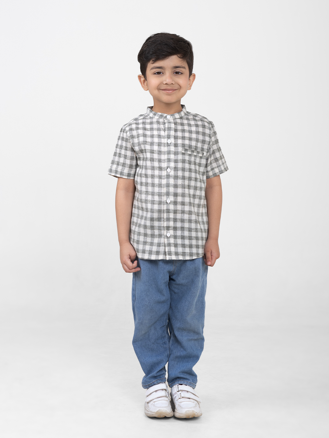 Camisas de algodón de manga corta con cuello mao para niño (verde)