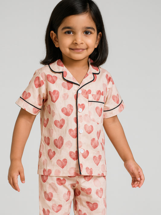 Printed Half Sleeves Night Suits For Boys and Girls-Red