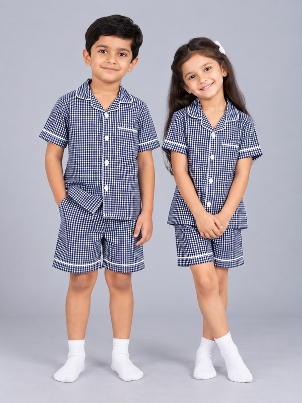 Biglilpeople Kids Navy Checked Cotton Short Sleeve Shirt & Shorts Nightsuit