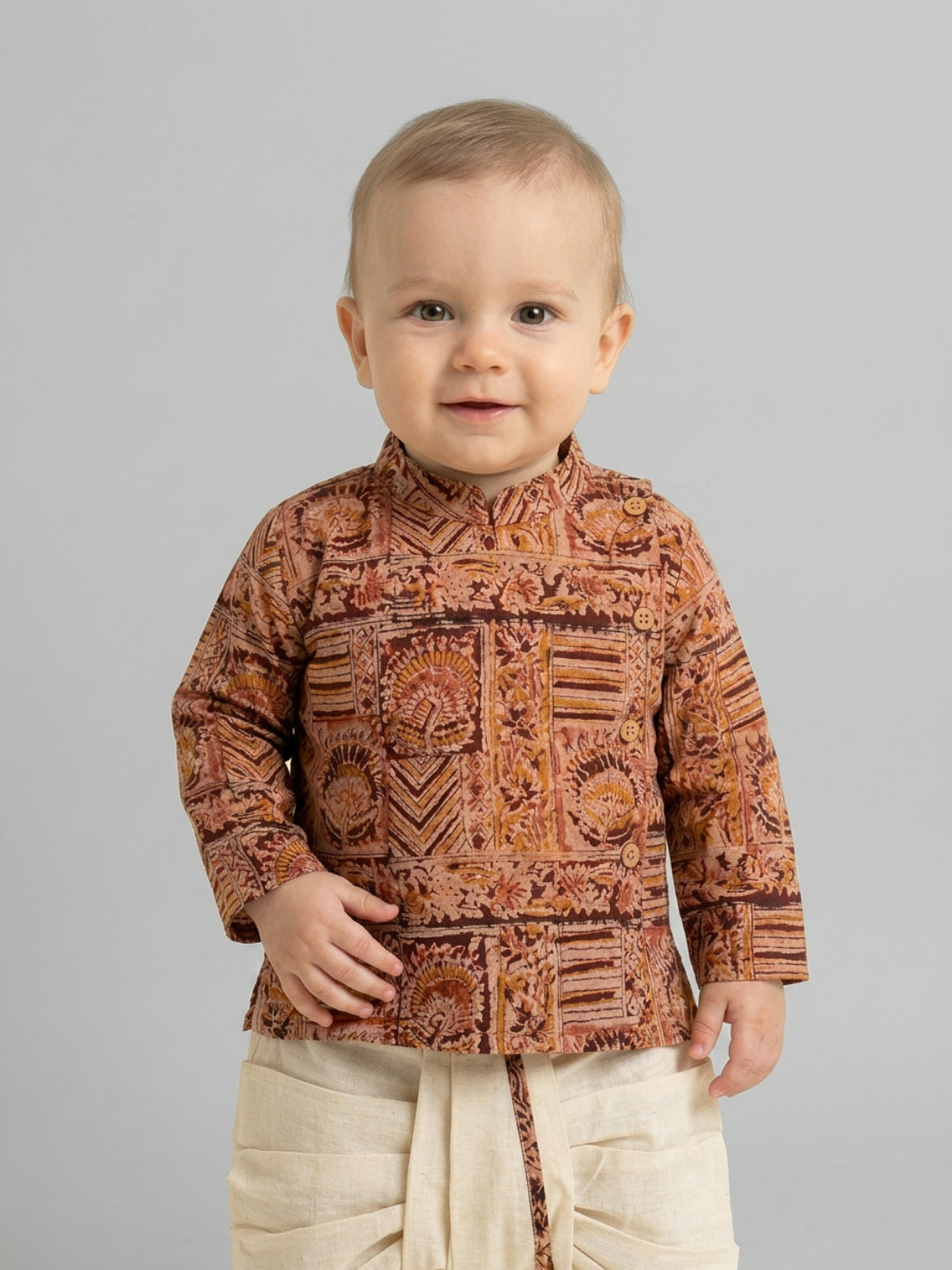 Biglilpeople Boys Rust Brown Ethnic Printed Cotton Angrakha Style Dhoti Set