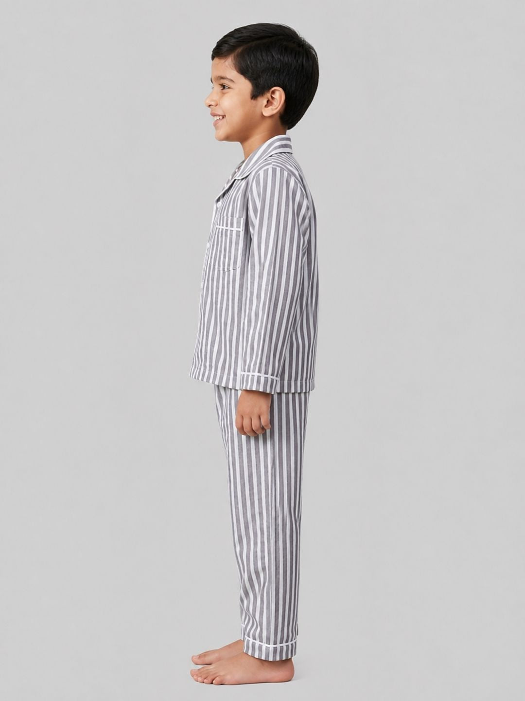 Biglilpeople Kids Unisex Grey Striped Full Short Sleeve Shirt & Pajama Nightsuit