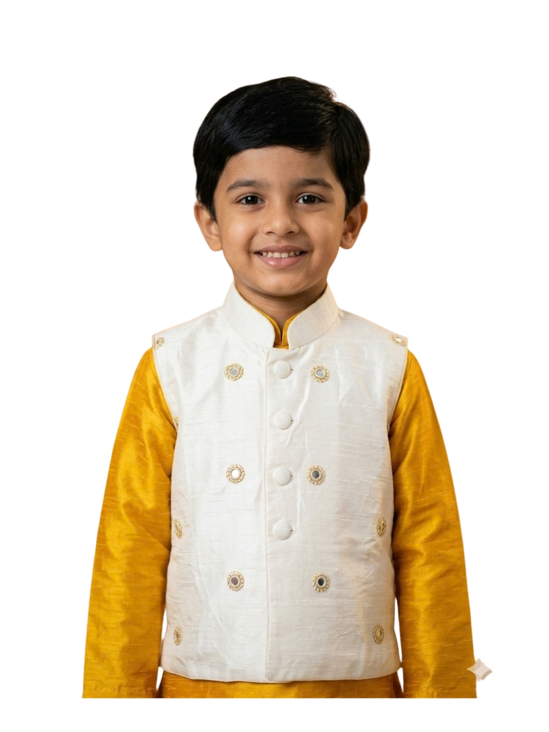 Biglilpeople Boys Mustard Kurta and Pant Set with Off-White Cotton Silk Nehru Jacket