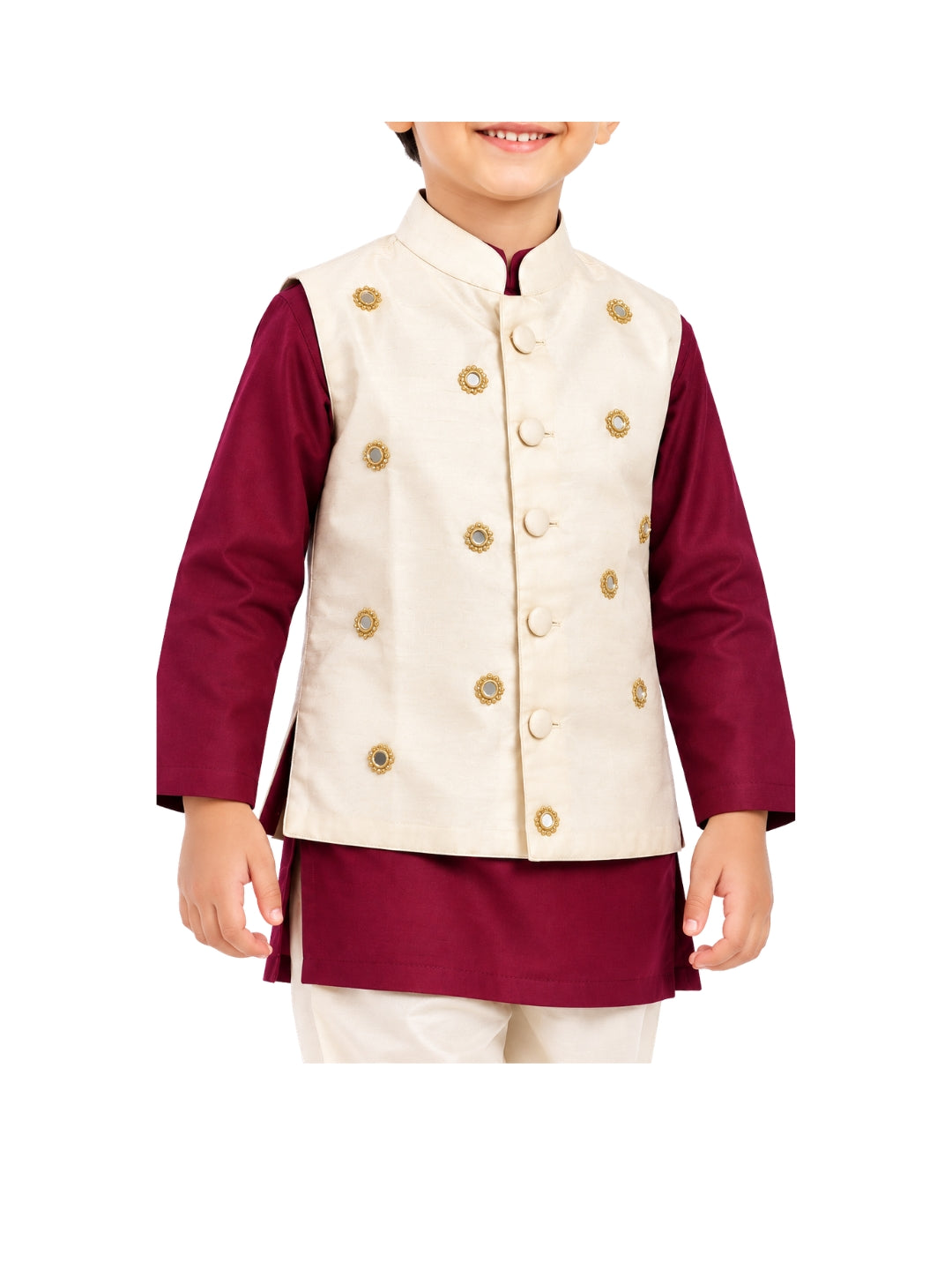 Biglilpeople Boys Wine Kurta and Pant Set with Off-White Cotton Silk Nehru Jacket