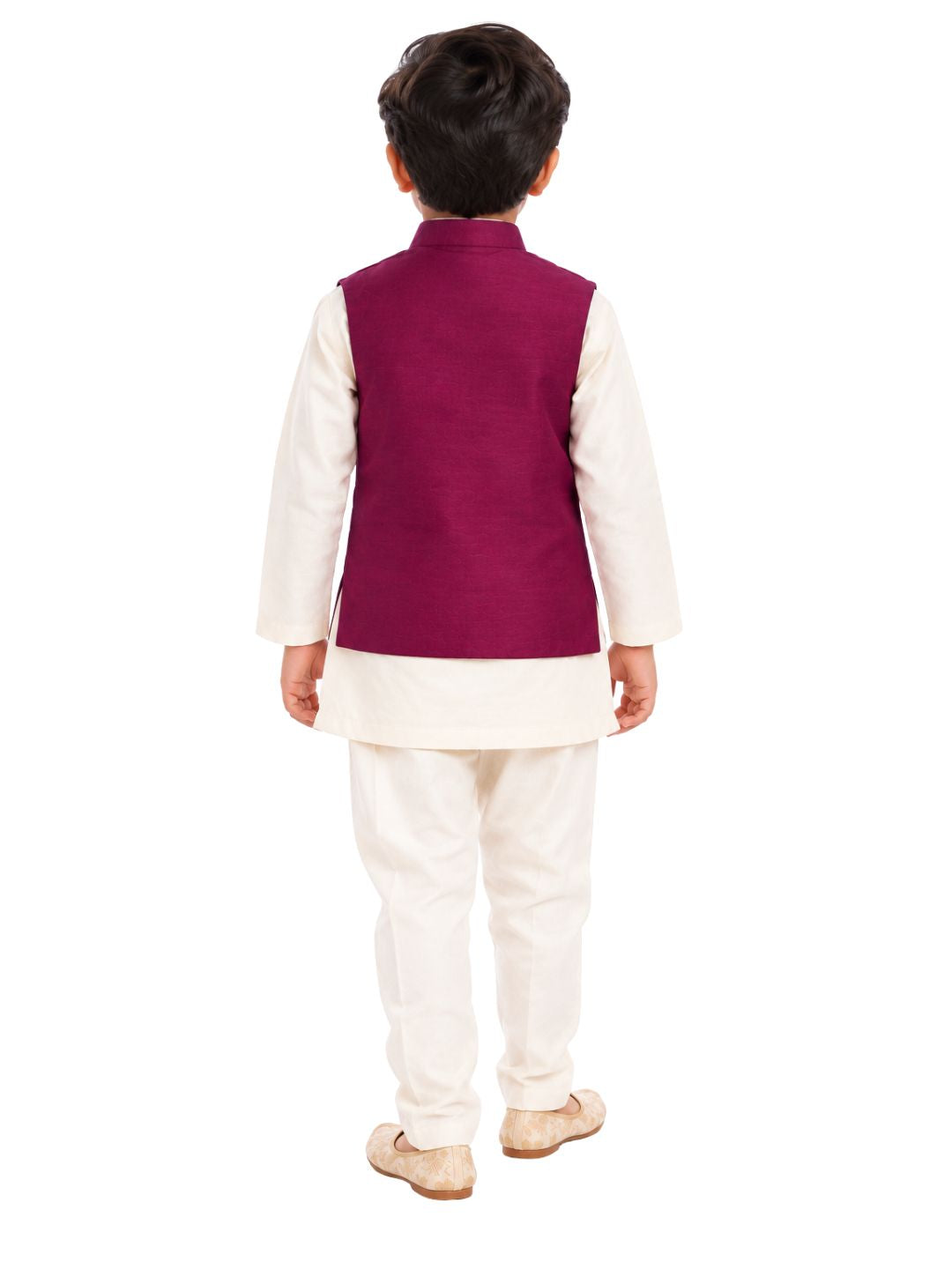 Biglilpeople Boys Off White Kurta and Pant Set with Wine Cotton Silk Nehru Jacket
