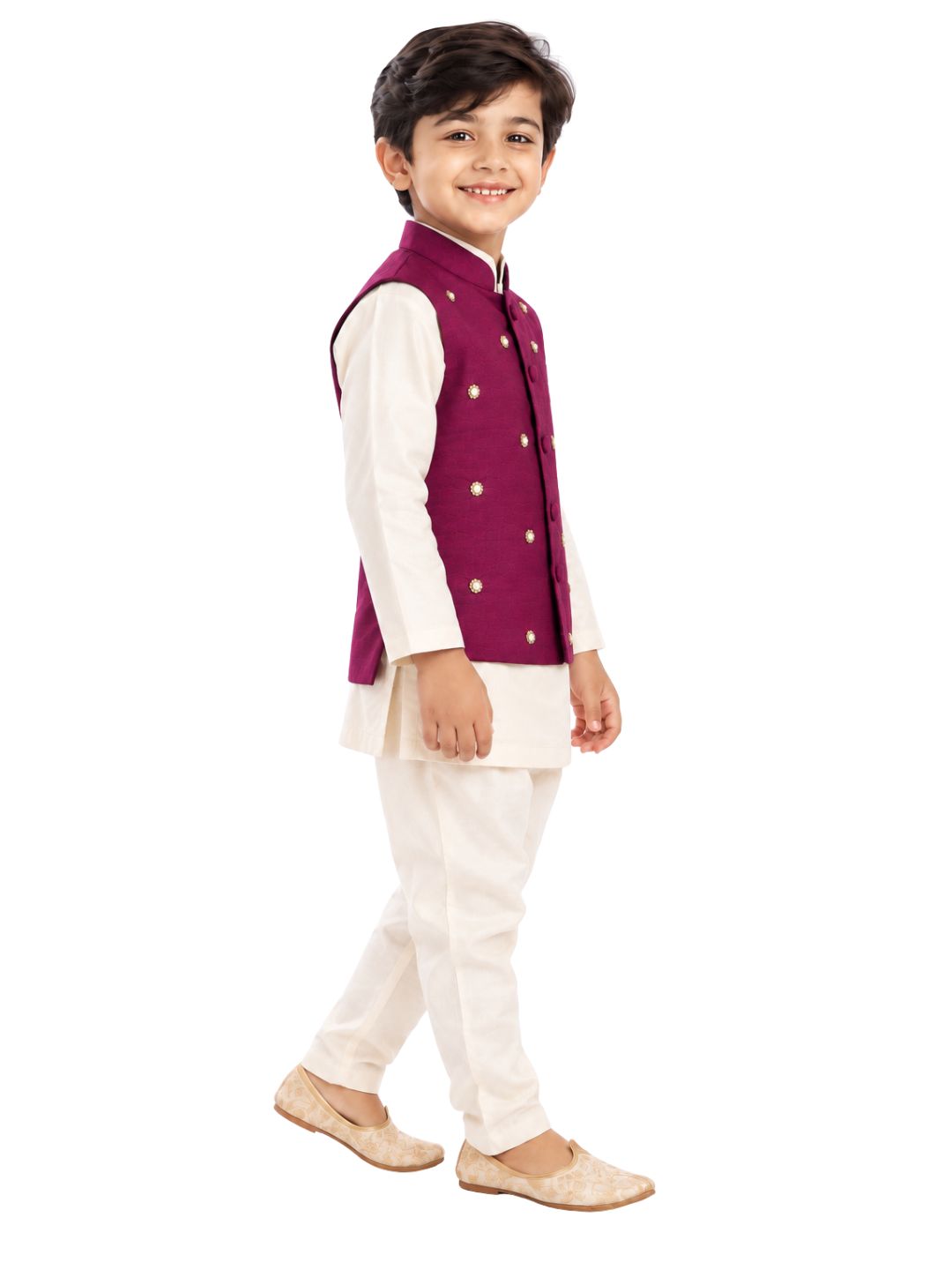 Biglilpeople Boys Off White Kurta and Pant Set with Wine Cotton Silk Nehru Jacket
