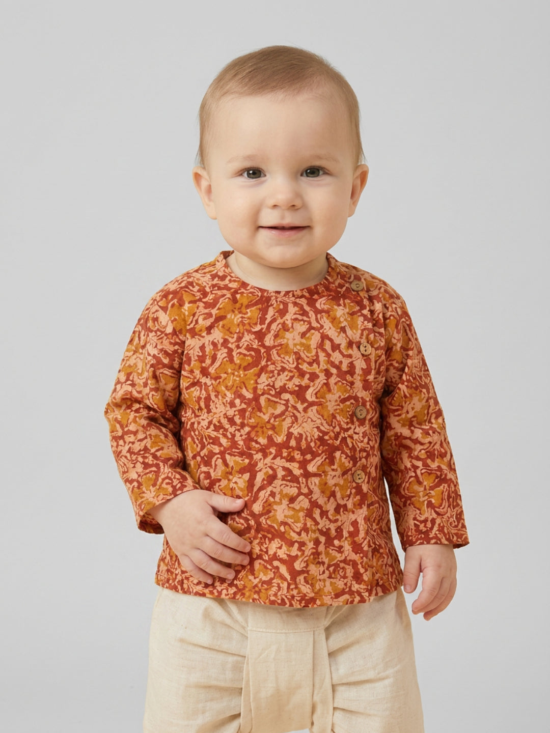 Biglilpeople Boys Rust Orange Floral Printed Cotton Angrakha Style Dhoti Set
