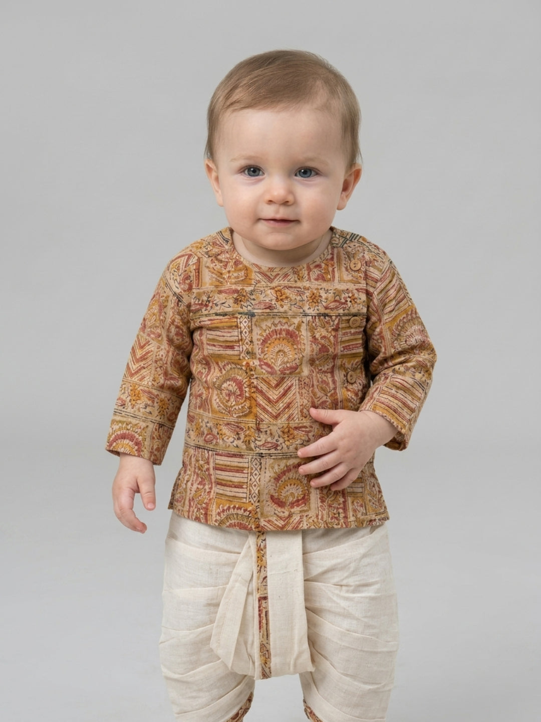 Biglilpeople Boys Beige Ethnic Printed Printed Cotton Angrakha Style Dhoti Set
