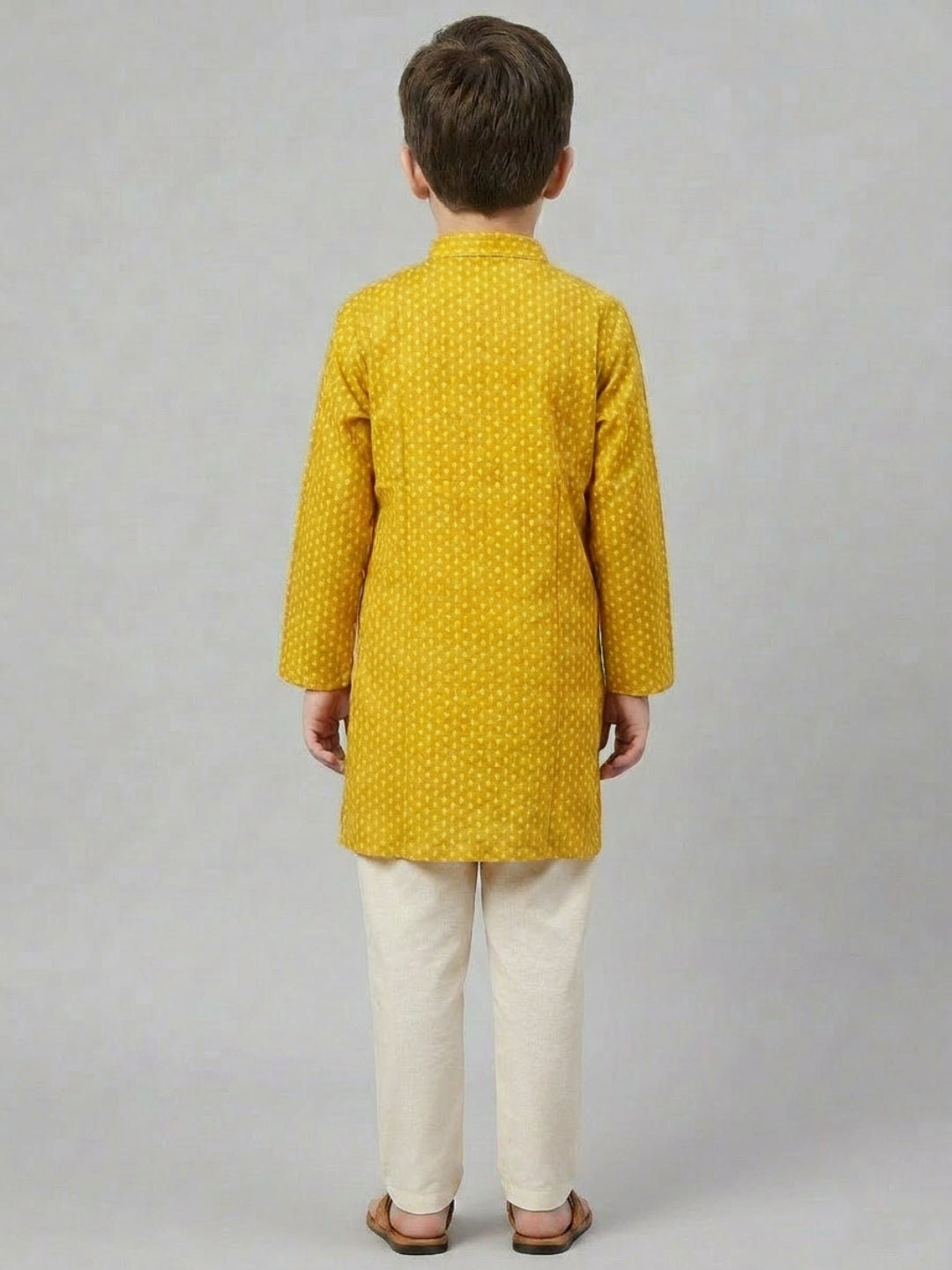 Biglilpeople Boys Mustard Yellow Printed Mandarin Collar Cotton Kurta Set
