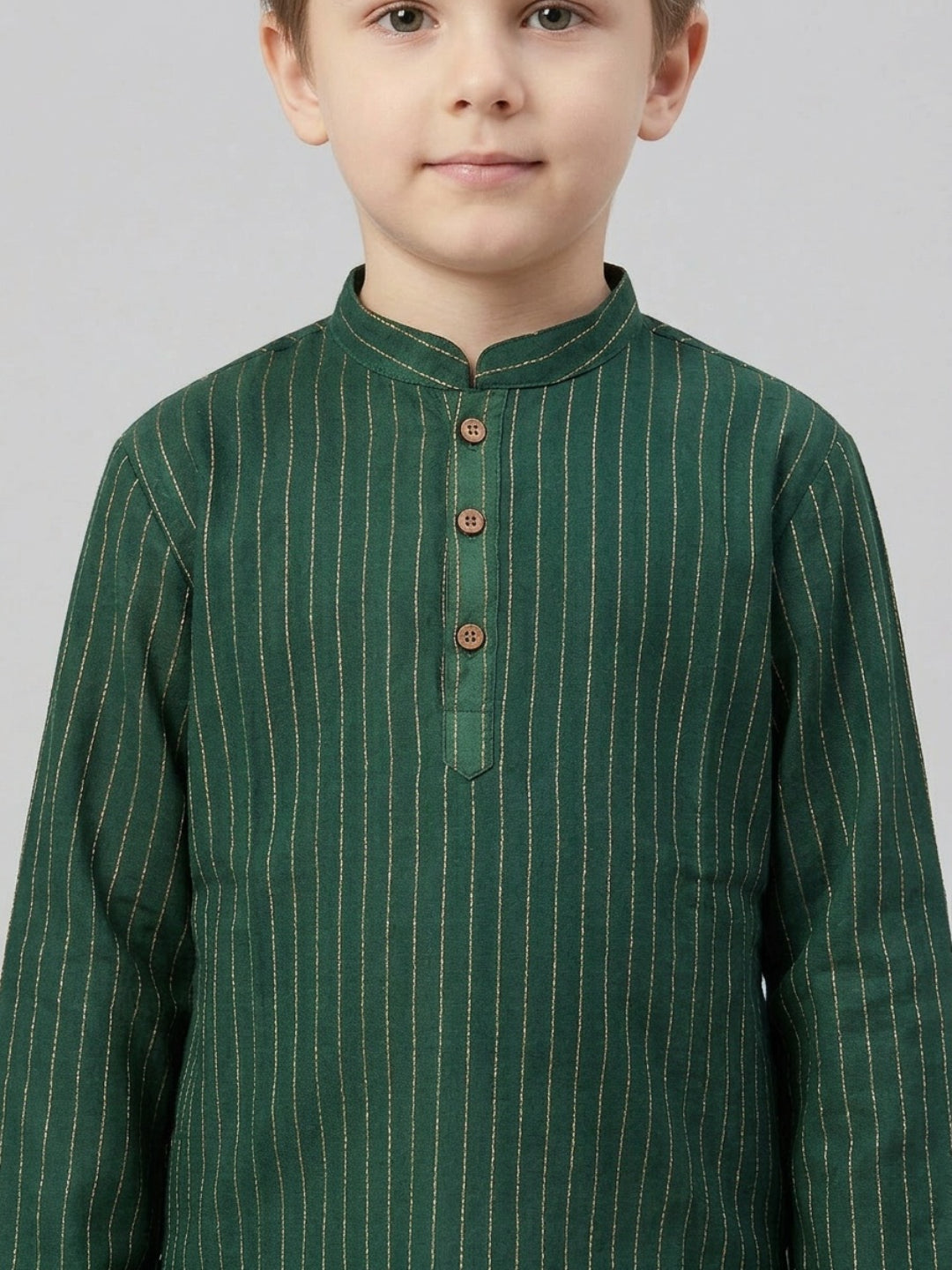 Biglilpeople Boys Teal Green Striped Mandarin Collar Cotton Kurta Set
