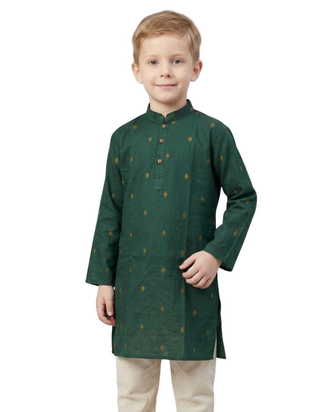 Biglilpeople Boys Green Printed Mandarin Collar Cotton Kurta Set