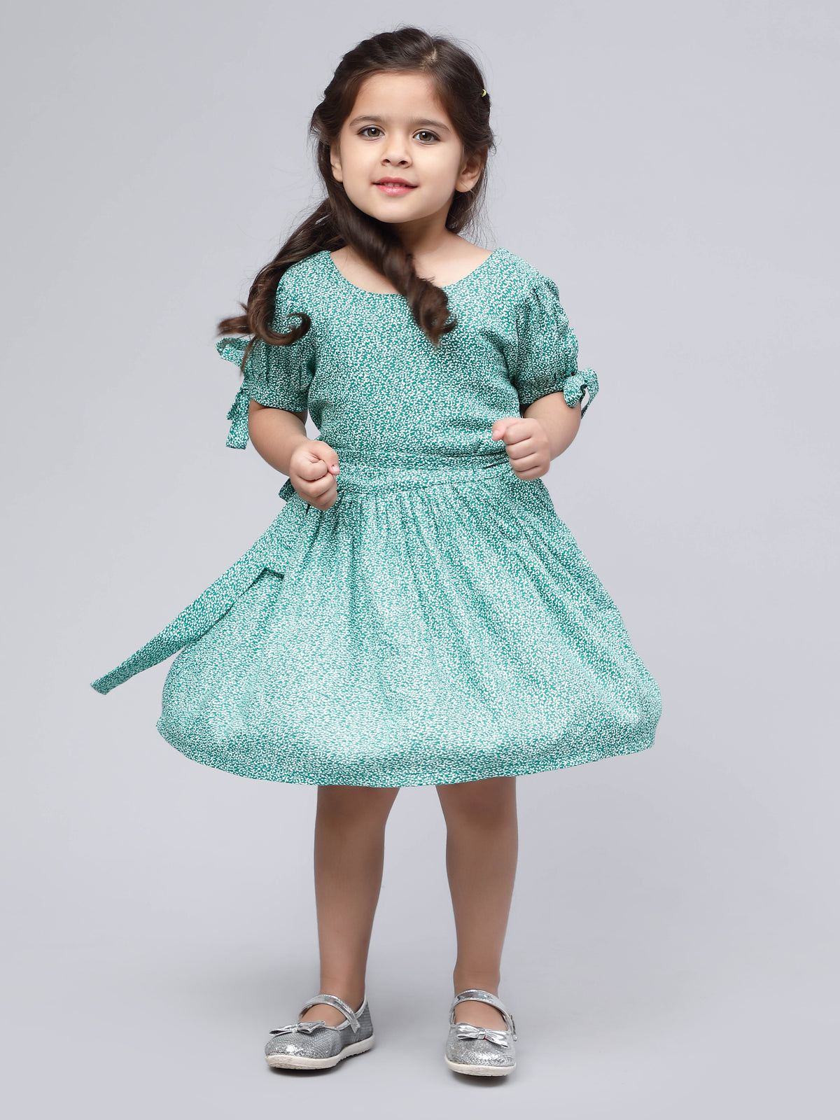 Green & White Printed Dress for Girls
