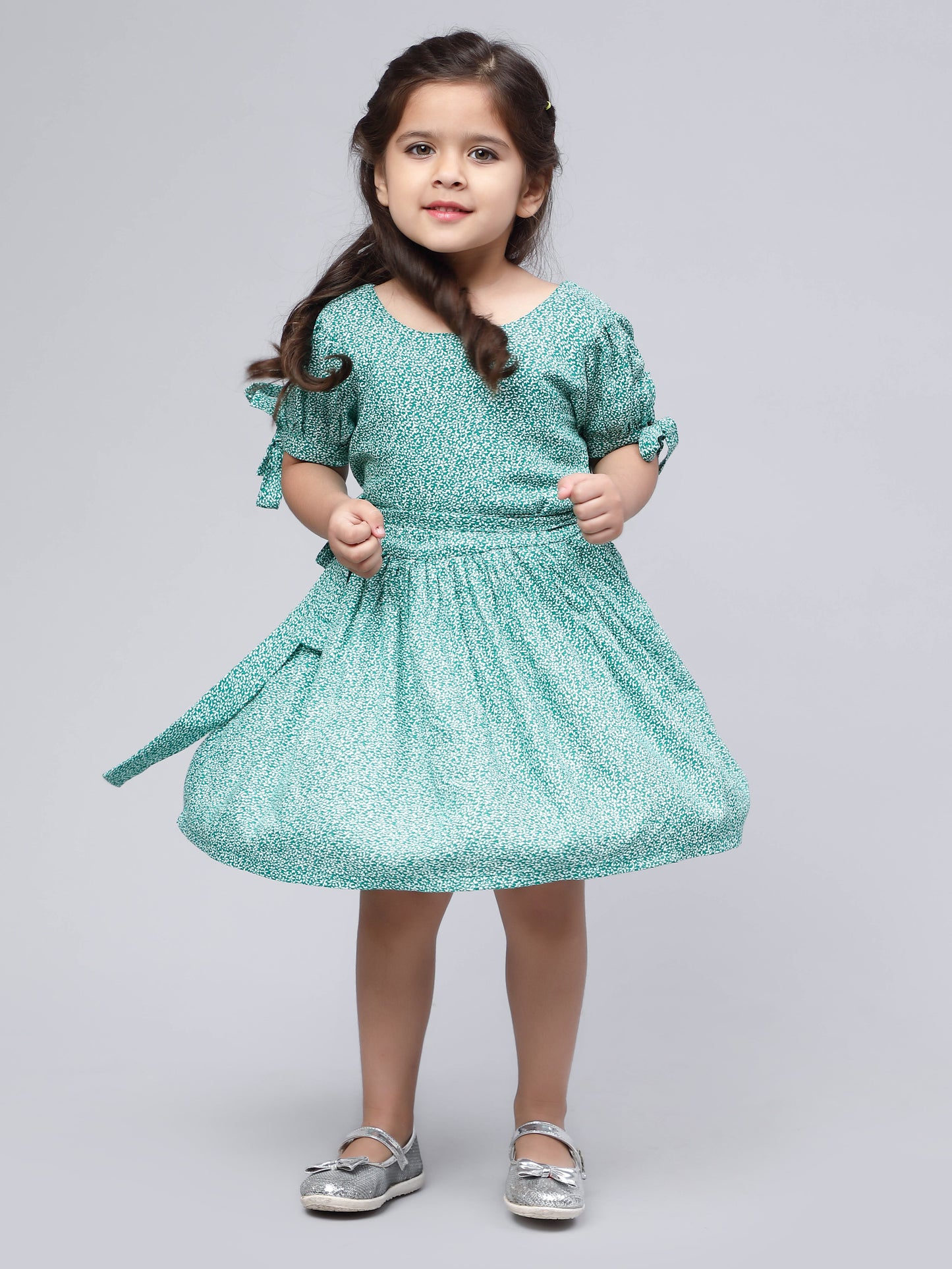 Green & White Printed Dress for Girls