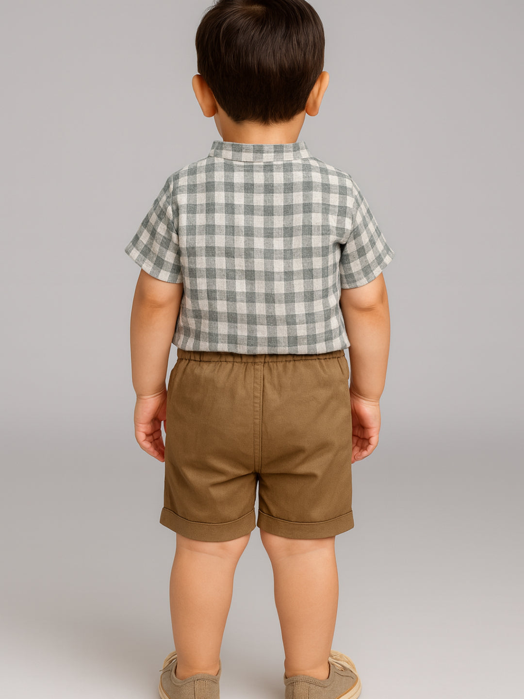 Camisas y pantalones cortos a cuadros con cuello mao para bebés niños