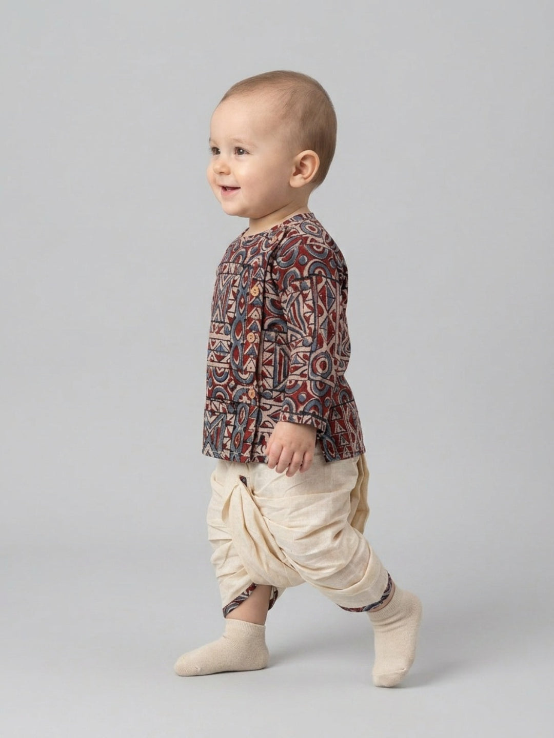 Biglilpeople Boys Geometric Printed Cotton Angrakha Style Dhoti Set