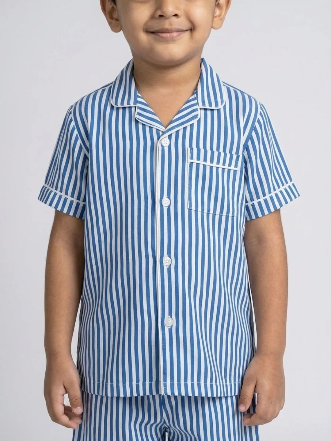 Biglilpeople Kids Unisex Dark Blue Stripe Cotton Short Sleeve Shirt & Shorts Nightsuit