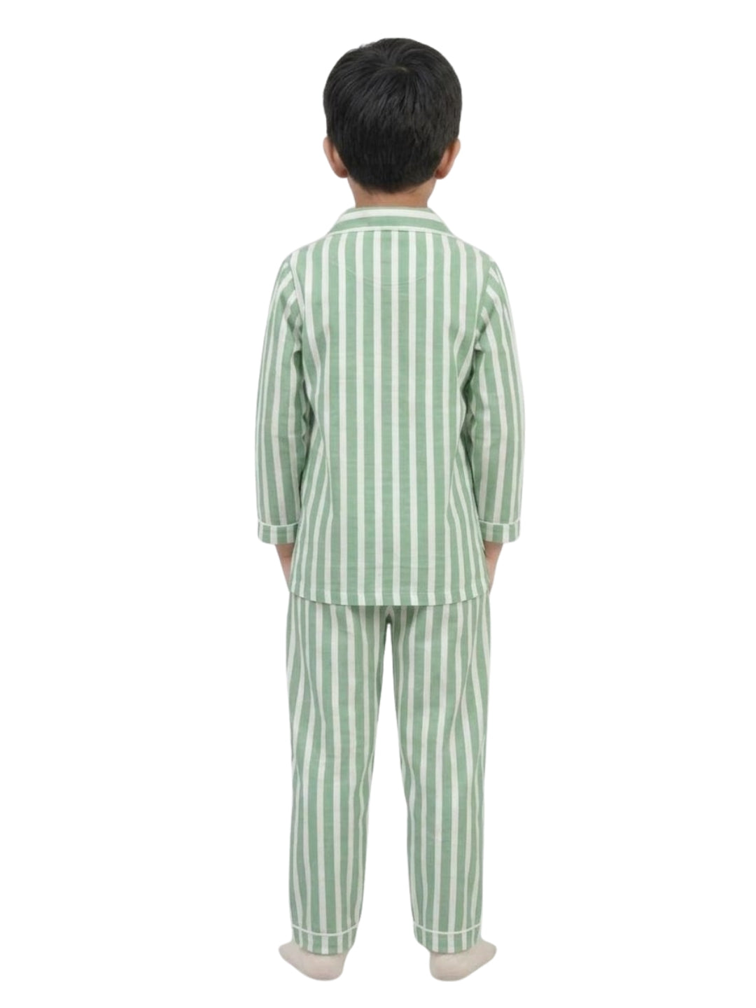 Biglilpeople Kids Green Striped Cotton Full Sleeve Shirt & Pyjama Nightsuit