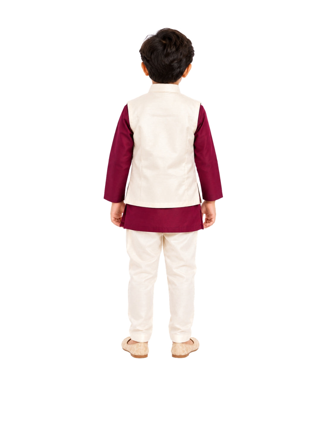 Biglilpeople Boys Wine Kurta and Pant Set with Off-White Cotton Silk Nehru Jacket
