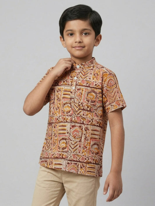 Biglilpeople Boys Ethnic Print Mandarin Collar Short Sleeves Shirt