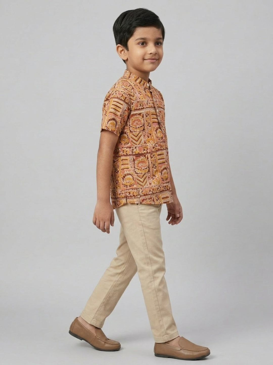 Biglilpeople Boys Ethnic Print Mandarin Collar Short Sleeves Shirt