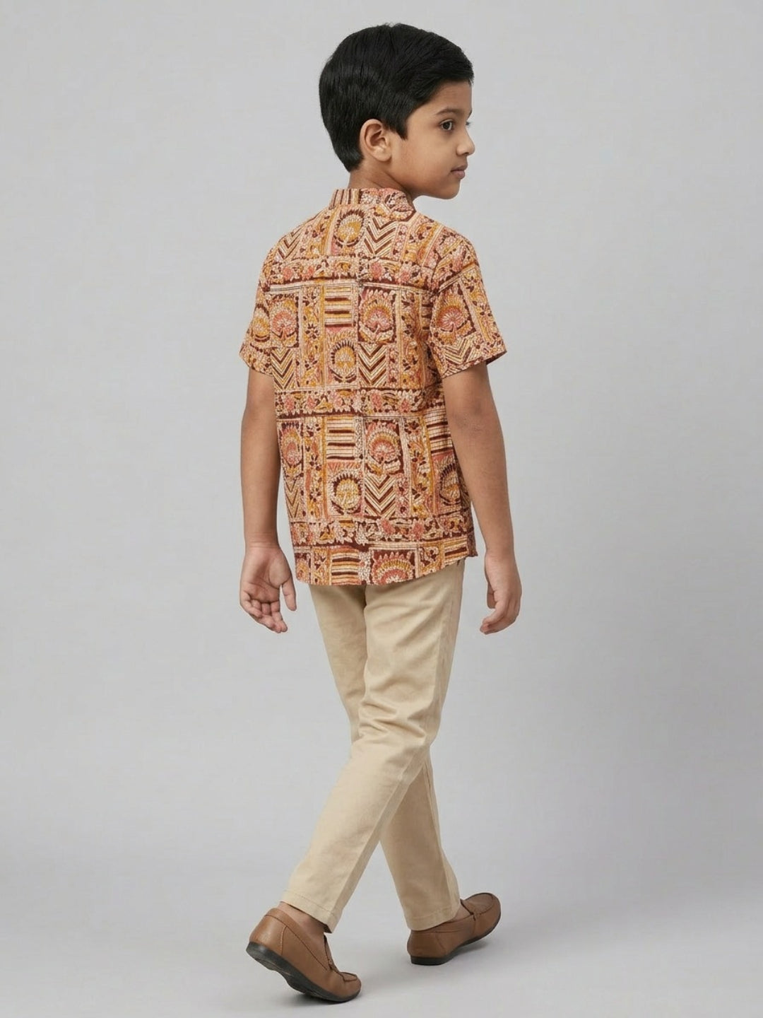 Biglilpeople Boys Ethnic Print Mandarin Collar Short Sleeves Shirt